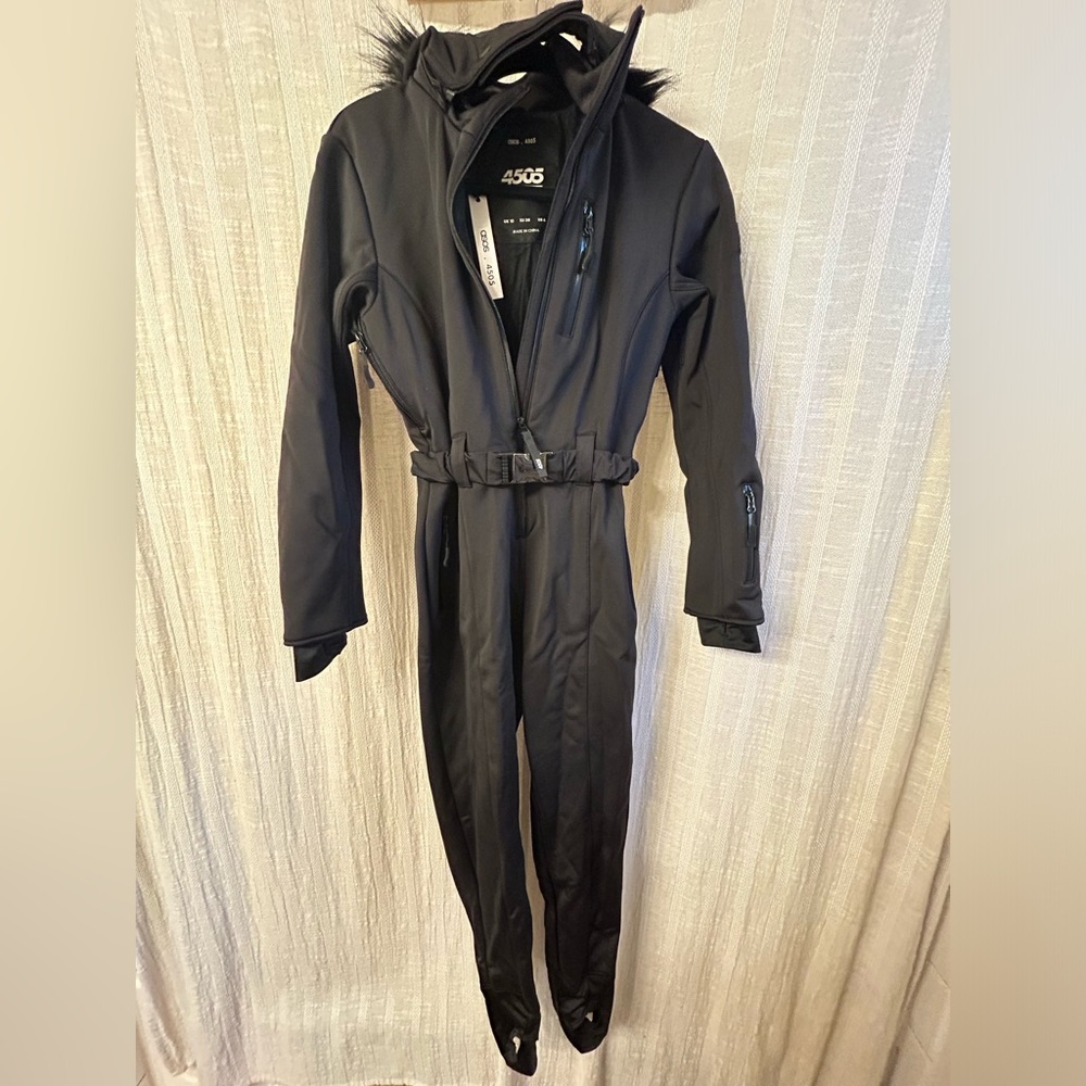 NWT - ASOS 4505 ski fitted belted ski suit w/ faux fur hood - Black-US 6 Petite